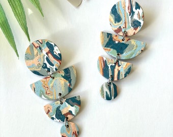 polymer clay earrings, polymer clay, clay earrings, denim earrings, denim, statement earrings, statement jewelry, bold earrings, earrings