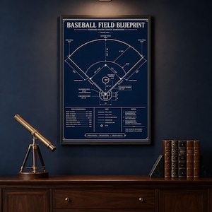 Könnte beinhalten: Gerahmter Baseballfeld-Blaupause in Marineblau mit detaillierten Abmessungen und dem Text "Baseball Field Blueprint". Das Diagramm zeigt das Feldlayout, die Basisabstände und die wichtigsten Maße. Der Rahmen ist dunkelbraun.
