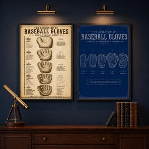 May include: Two framed baseball glove evolution posters. The left poster is beige with a timeline of glove designs. The right poster is blue with glove blueprints. The posters are displayed above a wooden cabinet.