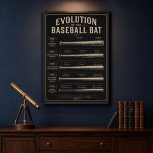 Op de afbeelding: Een zwart-wit ingelijste print getiteld "Evolution of the Baseball Bat" met de evolutie van honkbalknuppels van 1860 tot 2020. Een telescoop en een stapel boeken staan op de voorgrond.