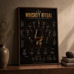 Op de afbeelding: Een ingelijste print getiteld "The Whiskey Ritual" met een donkere houtnerf achtergrond. De print toont een whisky smaakwiel, een proefgids en de tekst "A Gentleman's Guide to Taste, Aroma & Character."