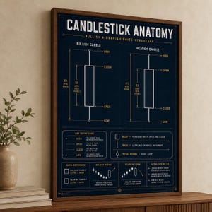 May include: A framed educational wall art print titled Candlestick Anatomy, featuring a dark blue background with white and gold technical diagrams explaining bullish and bearish price structures, key definitions, and market signal references.