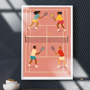 Fun Tennis Art Print, Vibrant Doubles Match Poster for Sports Fans Home Decor - Unique Gift for Athletes & Tennis Lovers