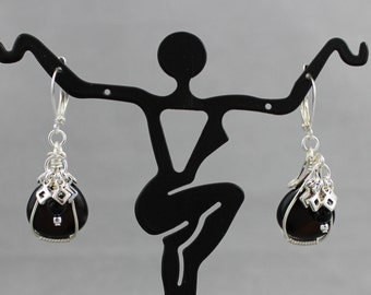 Onyx and Silver Diamonds Wire-Wrapped Earrings