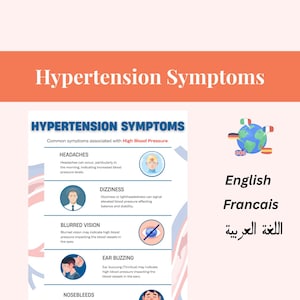 May include: An infographic detailing "Hypertension Symptoms" in English, French, and Arabic. It lists common symptoms of high blood pressure, such as headaches, dizziness, blurred vision, and ear buzzing.