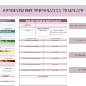 Könnte beinhalten: Eine Vorlage zur Vorbereitung von Terminen mit dem Titel "Appointment Tracking Sheet" in verschiedenen Farben. Die Vorlage enthält Abschnitte für medizinische Bedingungen, Termininformationen und Fragen. Das Bild enthält auch den Text "EDITABLE PRINTABLE File", "PDF EXCEL File", "A4 Standard File" und "8 Colors".