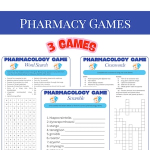 Peut inclure: Graphique bleu et blanc avec le texte "PHARMACY GAMES" en haut. L'image présente trois jeux de pharmacologie différents : une recherche de mots, un mots croisés et un jeu de mots mêlés, chacun avec des indices.