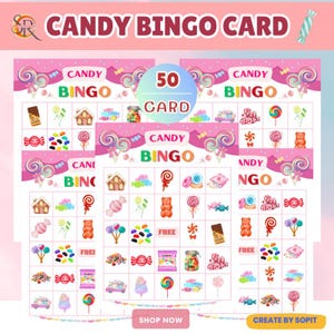 Candy-Themed Bingo Set: 50 Full-Page and Half-Page Cards with Calling Card – Printable Fun for All Ages