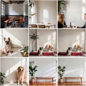 May include: A collage of nine images showcasing various interior design styles. The images feature a variety of furniture, decor, and plants, including a leather couch, a wooden table, a white bench, and a variety of plants. The images also feature dogs and cats in different settings.