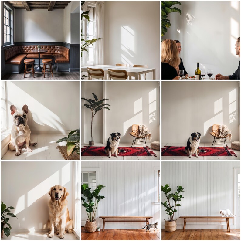 May include: A collage of nine images showcasing various interior design styles. The images feature a variety of furniture, decor, and plants, including a leather couch, a wooden table, a white bench, and a variety of plants. The images also feature dogs and cats in different settings.
