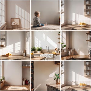 May include: A collage of nine images showcasing various interior design elements, including a child sitting on a rug, a kitchen sink with a faucet, and a wooden countertop with a bowl of lemons. The images feature a light and airy aesthetic with natural light streaming through windows.
