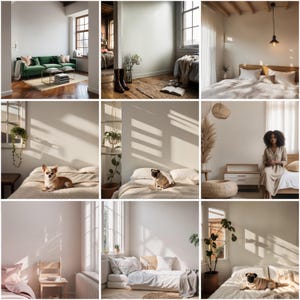 May include: A collage of nine images showcasing different interior design styles. The images feature various rooms with furniture, decor, and natural light. Some images include pets, plants, and a person sitting on a bed.