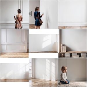 May include: A collage of nine images showing different rooms with white walls and wooden floors. Some images show people in the rooms, while others show empty rooms.