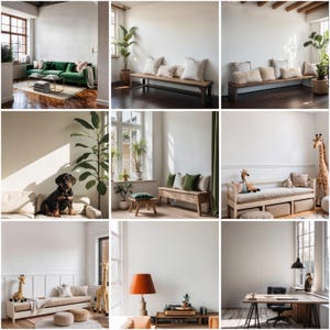 May include: A collection of images showcasing different interior design styles with various furniture pieces, including a green sofa, a wooden bench, a couch with pillows, and a desk with a chair. The images also feature plants, a dog, and a giraffe figurine.