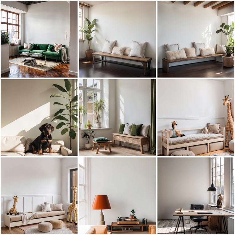 May include: A collection of images showcasing different interior design styles with various furniture pieces, including a green sofa, a wooden bench, a couch with pillows, and a desk with a chair. The images also feature plants, a dog, and a giraffe figurine.