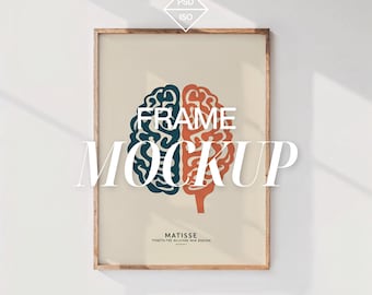 May include: A wooden frame mockup with a brain-shaped graphic inside. The graphic is blue and orange and says "FRAME MOCKUP" with the text "MATISSE" and "POSITIVE ALLIES WHO DESIGN" below the graphic.