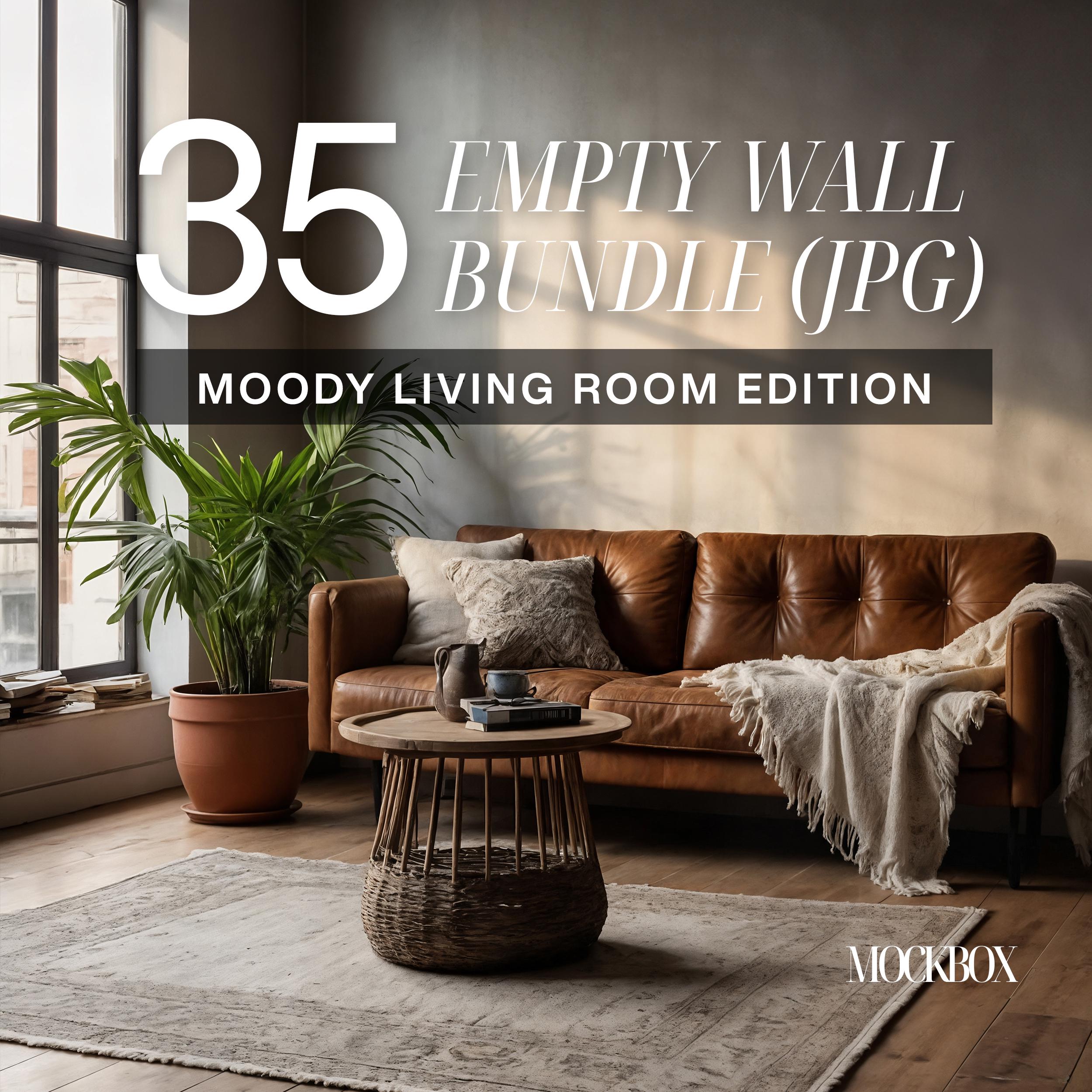 35 Blank Wall Mockup Bundle Moody Living Room Empty Wall Mock-up Set JPG, Modern, Decal Art Backdrop, Digital Download