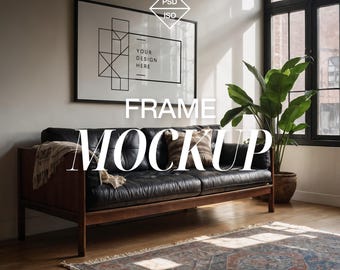 DIN A8 Horizontal Frame Photoshop Mockup Template for Art Display, 2x3 Wood Frame in Boho Interior Scene PSD, Photoshop Frame Poster Print