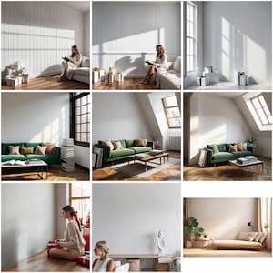May include: A collage of nine images showcasing various interior design elements, including a green sofa, a white couch, a wooden bed frame, and a woman reading a book. The images feature a variety of textures and colors, creating a visually appealing and inviting atmosphere.