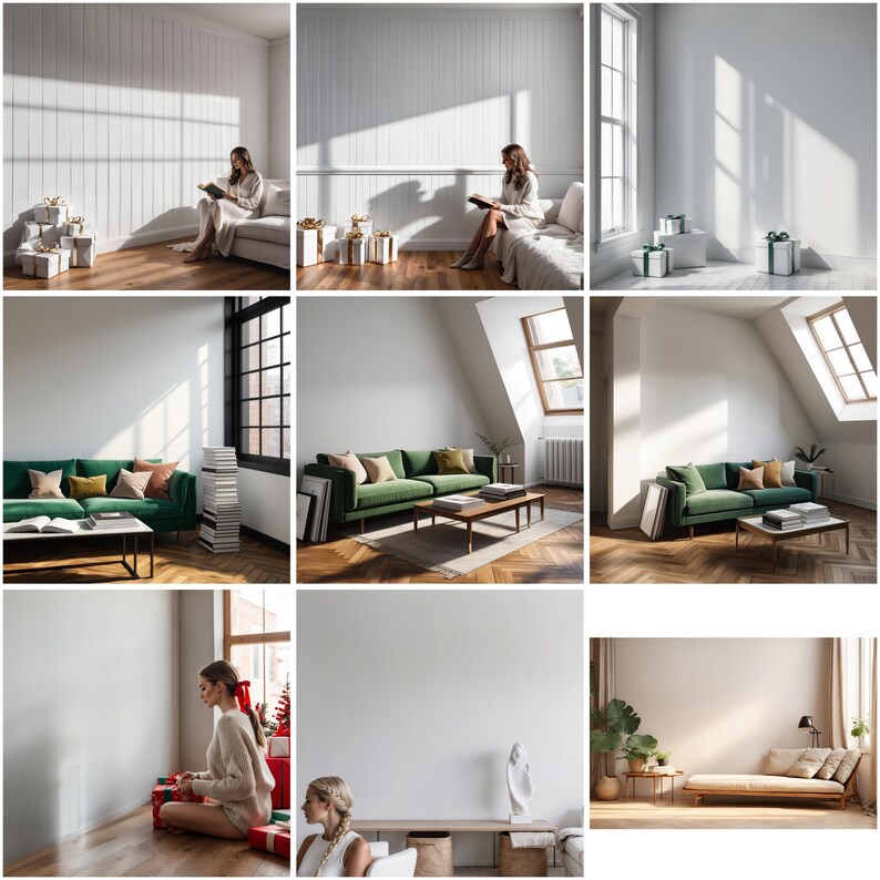 May include: A collage of nine images showcasing various interior design elements, including a green sofa, a white couch, a wooden bed frame, and a woman reading a book. The images feature a variety of textures and colors, creating a visually appealing and inviting atmosphere.