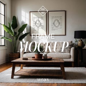May include: A living room scene featuring a wooden coffee table, a cream-colored sofa, and two framed art prints. The text "FRAME MOCKUP" is displayed prominently. A large potted plant and a lamp are also visible.