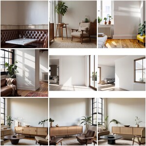 May include: A collage of nine images showcasing various interior design styles. The images feature different furniture pieces, including a leather sofa, a wooden armchair, a coffee table, and a side table. The images also feature various plants and natural light.