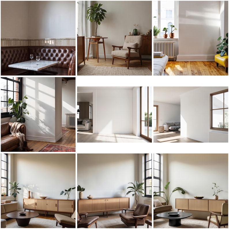 May include: A collage of nine images showcasing various interior design styles. The images feature different furniture pieces, including a leather sofa, a wooden armchair, a coffee table, and a side table. The images also feature various plants and natural light.