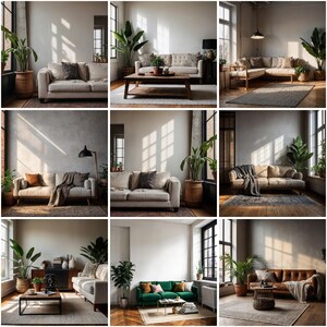 May include: A collage of nine images showcasing different living room setups featuring various sofas, coffee tables, and plants. The images capture a modern and minimalist aesthetic with a focus on natural light and neutral colors.