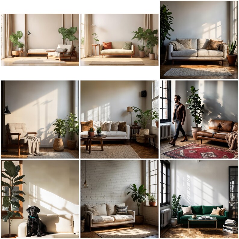 May include: A collection of images showcasing different living room setups with various sofas, chairs, and plants. The images feature a variety of styles, from modern to traditional, and include a variety of colors and textures.