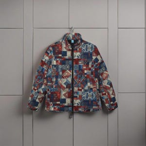 May include: A blue, red and white patterned jacket with a zip closure. The jacket has a quilted design and a stand-up collar.