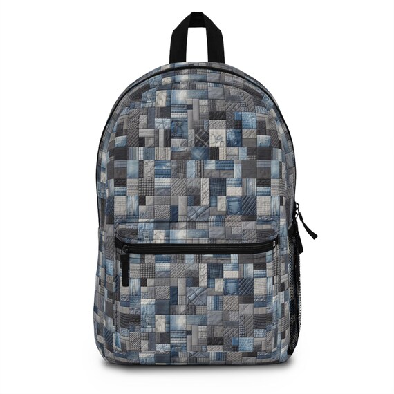 Patchwork Denim Print Backpack: Vintage Style School Bag - Etsy display picture 1