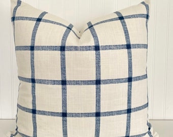 NAVY /WINTER WHITE -Windowpane Check -- Decorative Designer Pillow Cover - Navy on Winter White Background - Throw and Lumbar Covers