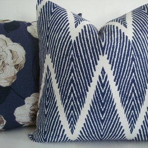 Indigo Navy Floral Both Sides-Decorative Designer Pillows, Deep Navy / Creamy Ivory and Indigo Taupe Pillow Covers image 3