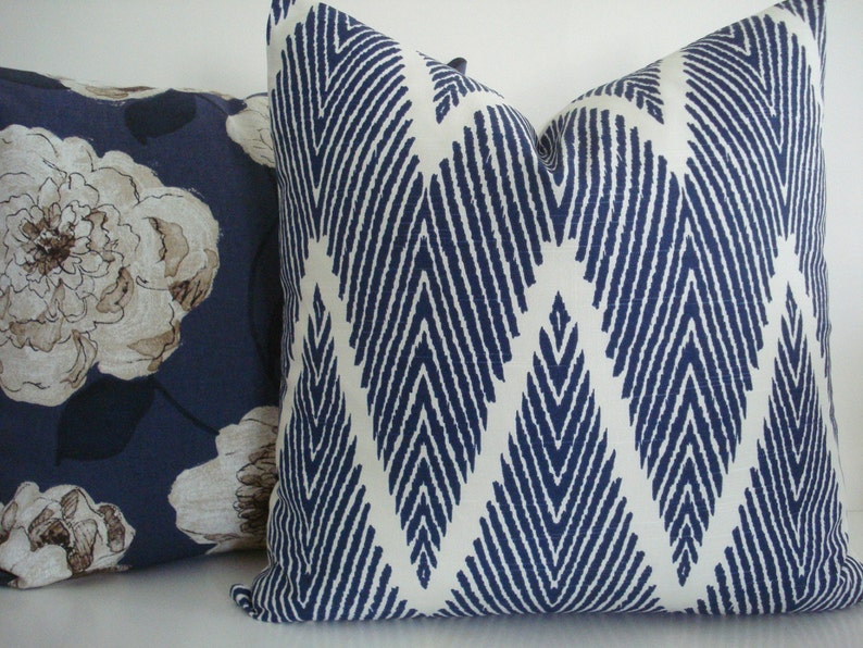 Indigo Navy Floral Both Sides-Decorative Designer Pillows, Deep Navy / Creamy Ivory and Indigo Taupe Pillow Covers image 3