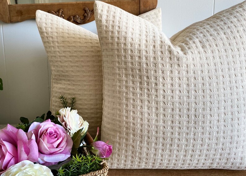 TEXTURED BASKETWEAVE COTTON Farmhouse Decorative Designer Pillow Cover Creamy Natural Cotton Throw / Lumbar /Bolster Pillow Cover image 6