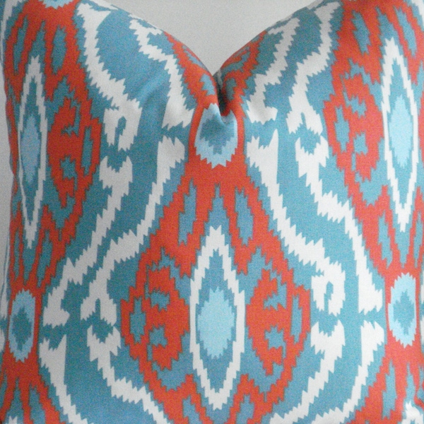 BOTH SIDES--Throws and Lumbars - Decorative  Designer Cover--IKAT- -Aqua- Turquoise--Orangey Coral and  White Throw / Toss / Lumbar Pillow