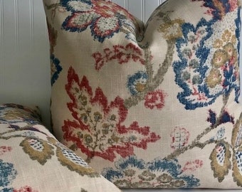 KAUFMAN RENATO VINTAGE Distressed Floral-Designer Decorative Pillow Cover -Muted Red/Gold /Blue/  Tan -Throw /Lumbar /Bolster Covers