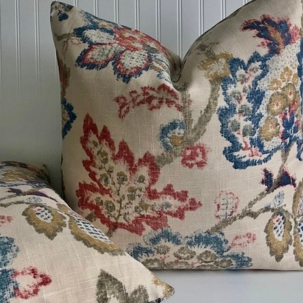 KAUFMAN RENATO VINTAGE Distressed Floral-Designer Decorative Pillow Cover -Muted Red/Gold /Blue/  Tan -Throw /Lumbar /Bolster Covers
