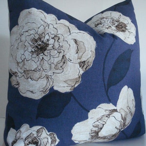 Indigo Navy Floral Both Sides-Decorative Designer Pillows, Deep Navy / Creamy Ivory and Indigo Taupe Pillow Covers image 1