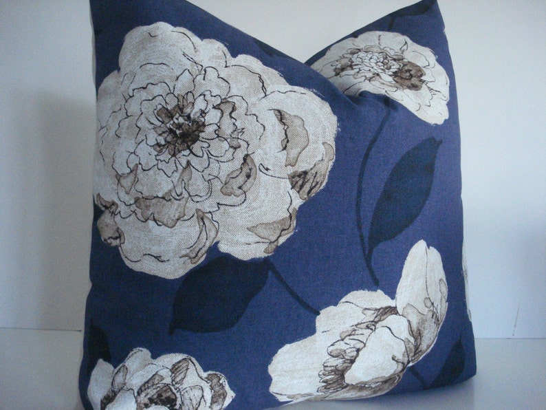 Indigo Navy Floral Both Sides-Decorative Designer Pillows, Deep Navy / Creamy Ivory and Indigo Taupe Pillow Covers image 1