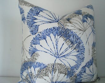 Indigo Ivory Taupe  Floral Sprays Designs  -Decorative Designer Pillow Covers -Toss- Throw and Lumbar Pillow Covers