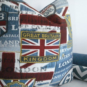 GIFT PILLOW-UK Decorative Designer Pillow Cover- Novelty Great Britain Throw /Lumbar Pillow -Denim Blues/ Red / Gold/ Ivory/Grey