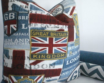 GIFT PILLOW-UK Decorative Designer Pillow Cover- Novelty Great Britain Throw /Lumbar Pillow -Denim Blues/ Red / Gold/ Ivory/Grey