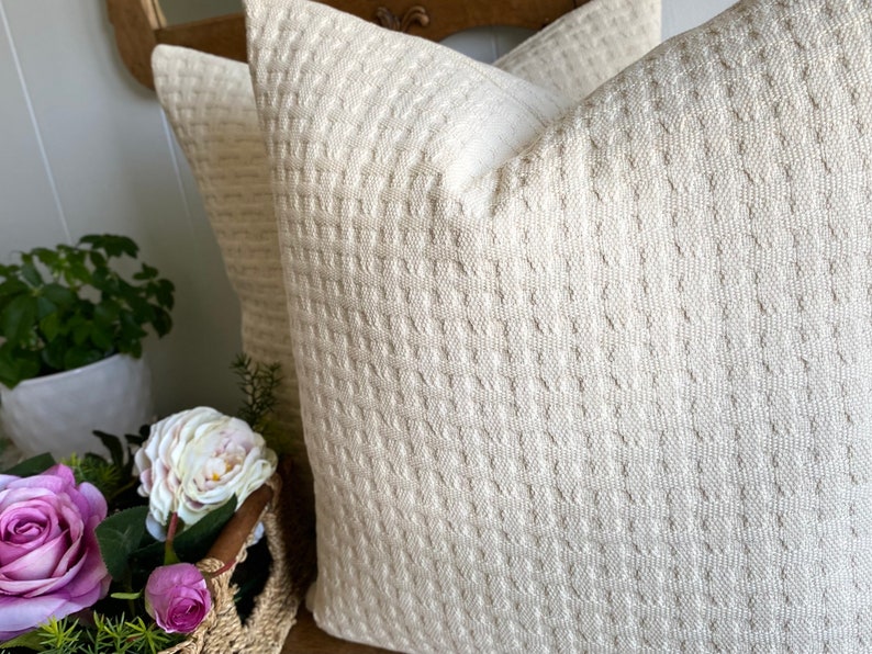 TEXTURED BASKETWEAVE COTTON Farmhouse Decorative Designer Pillow Cover Creamy Natural Cotton Throw / Lumbar /Bolster Pillow Cover image 7