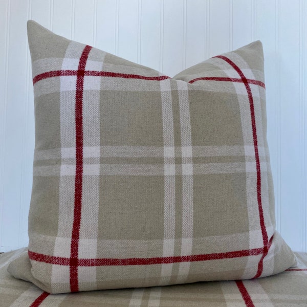 Deep Red Beige and White Plaid -Stof France - Wool Blend - Decorative Designer Pillow Cover- Farmhouse Decor - Throw and Lumbar Covers