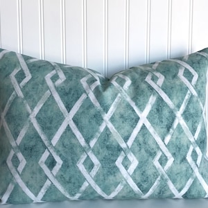 MILL CREEK BANSHAW Eucalyptus -Swavelle Decorative Designer Pillow Cover--Trellis Design- aqua-green-white-Throws and Lumbar Pillow Covers