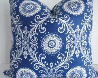 16x16 Square Left - -French  Blue  Suzani- Decorative Designer Pillow cover-Royal Blue /Ivory Throw/Lumbar Pillow
