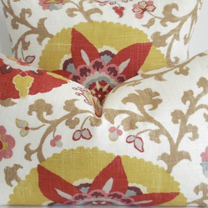 BOTH SIDES LinenP Kaufmann Decorative Pillow Cover-SILSILA CurryRed-Yellow-Teal-Grey-Tan and Cream Throw/Lumbar Pillow image 1