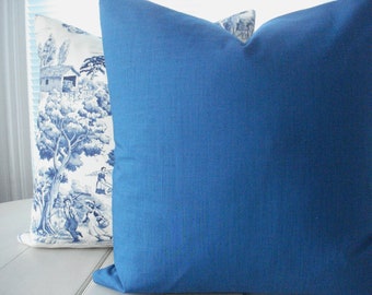 SALE GROUP OF5---3 Solid/ 2 Toile -All  16x16's-Both Sides- Throw Pillow Covers- -Decorative Designer Pillows, Deep Delft Blue  / Ivory