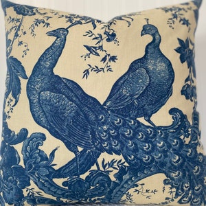 BEAUTIFUL FRENCH TOILE- Peacocks- Botanical Floral and Birds Design-Designer Pillow Cover - Shades of Delft Blues - Ivory - Cream